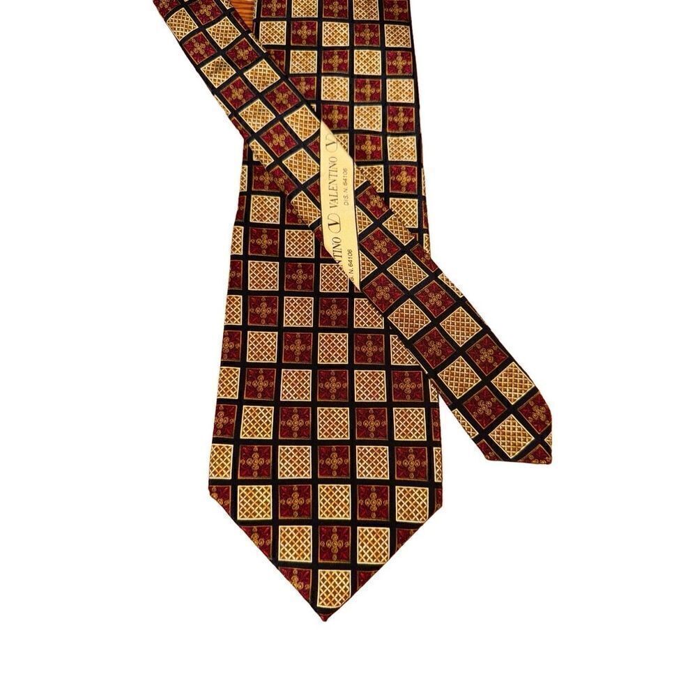 90s Valentino Black, Burgundy, & Gold Checkerboard Silk Tie